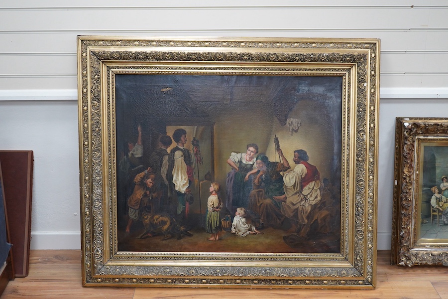 Franz Könemann, (German, late 19th century), oil on canvas, Interior scene with figures in regional dress, signed l.l. 'Franz Könemann', 83 x 105 cm, Condition- poor to fair